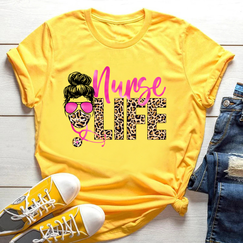 Camiseta con estampado de letras de leopardo para mujer, camisetas de manga corta a la moda, camisetas informales con cuello redondo para niña