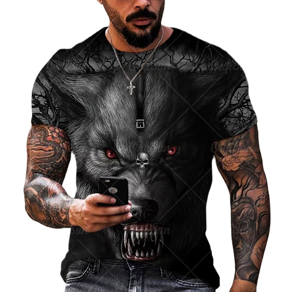 Camisetas con estampado de lobo para hombres, camisa de manga corta con cuello redondo, 3d, informal, de marca