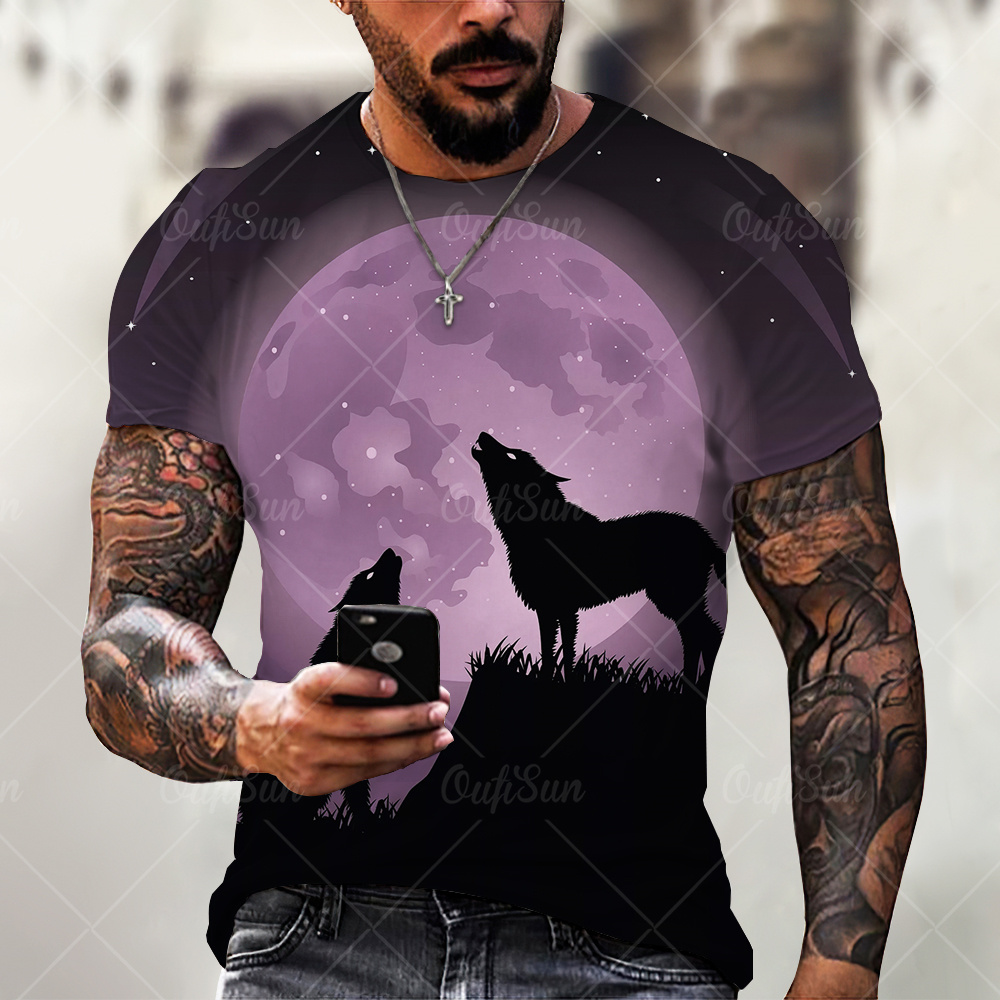 Camisetas con estampado de lobo para hombres, camisa de manga corta con cuello redondo, 3d, informal, de marca