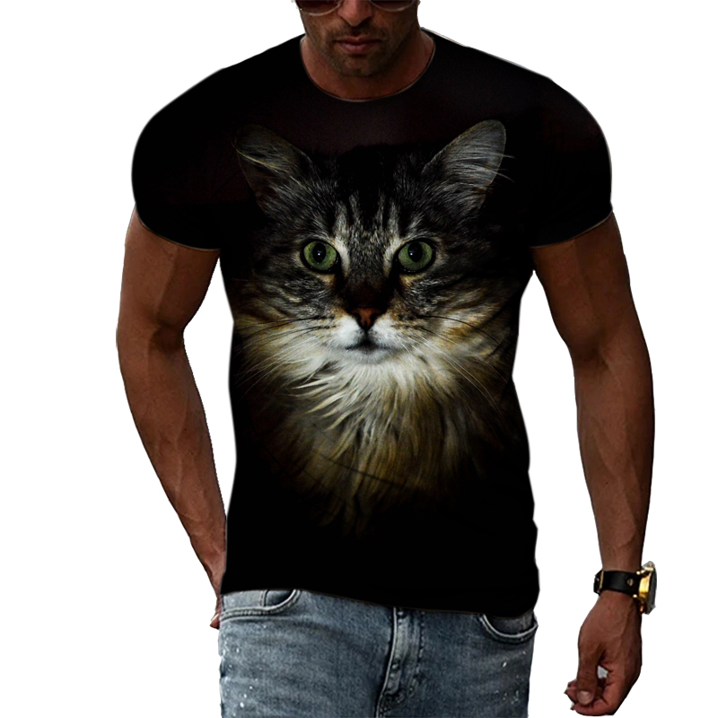 Camisa Negra con estampado de Animal 3D para hombre, Camiseta con estampado de gato, cuello redondo, Top cómodo, estilo de moda