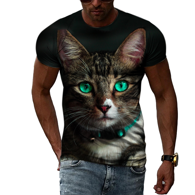 Camisa Negra con estampado de Animal 3D para hombre, Camiseta con estampado de gato, cuello redondo, Top cómodo, estilo de moda