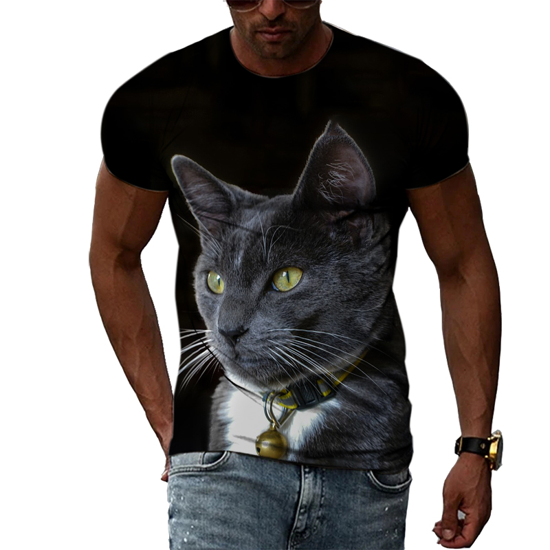 Camisa Negra con estampado de Animal 3D para hombre, Camiseta con estampado de gato, cuello redondo, Top cómodo, estilo de moda