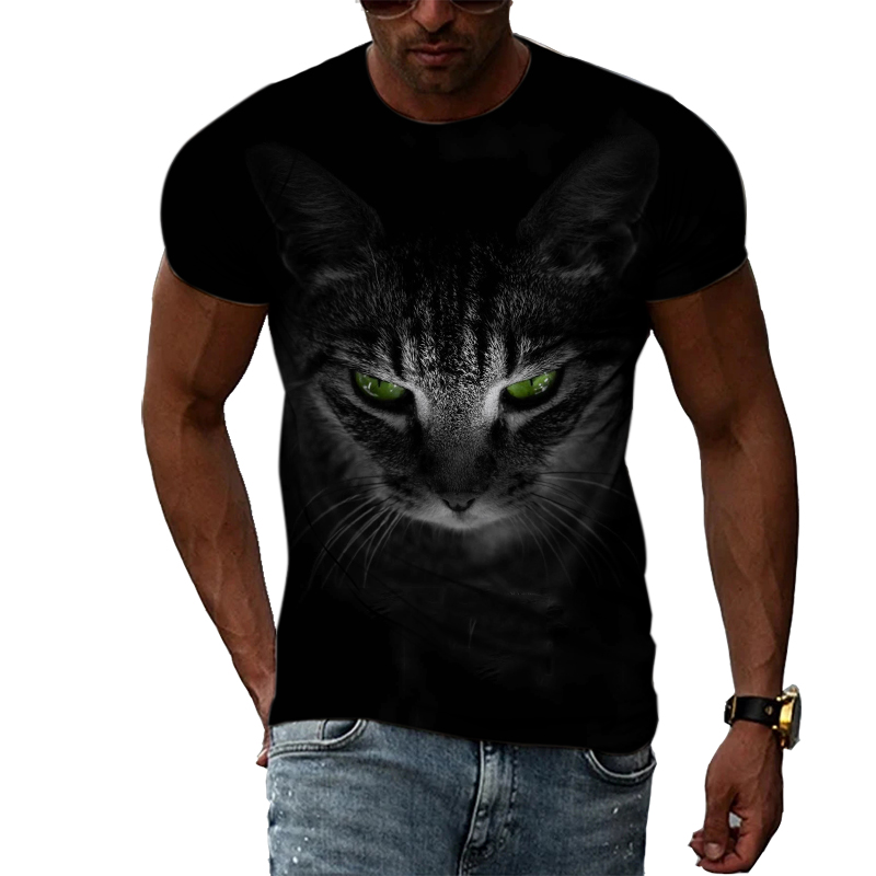 Camisa Negra con estampado de Animal 3D para hombre, Camiseta con estampado de gato, cuello redondo, Top cómodo, estilo de moda