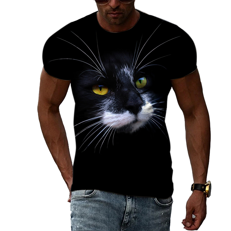 Camisa Negra con estampado de Animal 3D para hombre, Camiseta con estampado de gato, cuello redondo, Top cómodo, estilo de moda