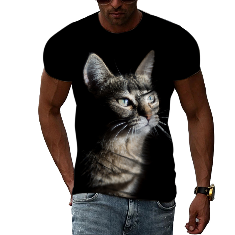 Camisa Negra con estampado de Animal 3D para hombre, Camiseta con estampado de gato, cuello redondo, Top cómodo, estilo de moda