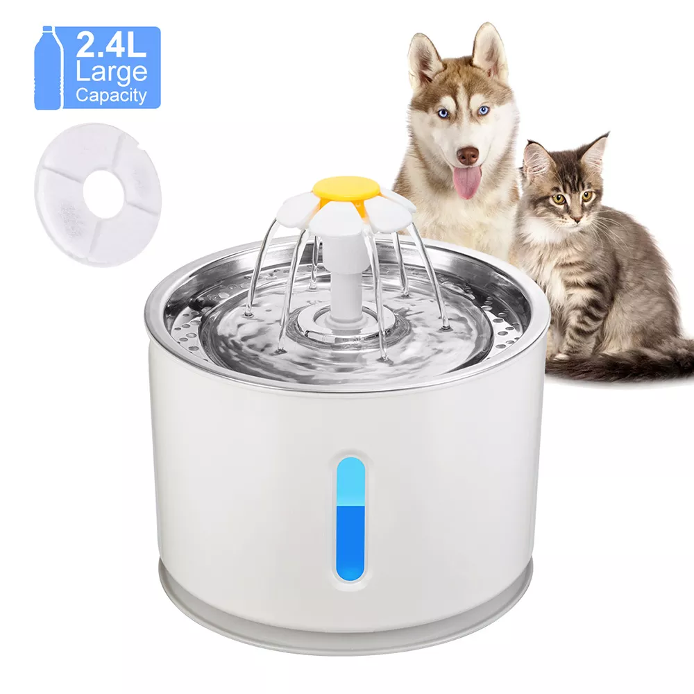 Fuente de agua automática para mascotas y gatos, bebedero con luz LED, 2,4 L, USB, dispensador de cuencos