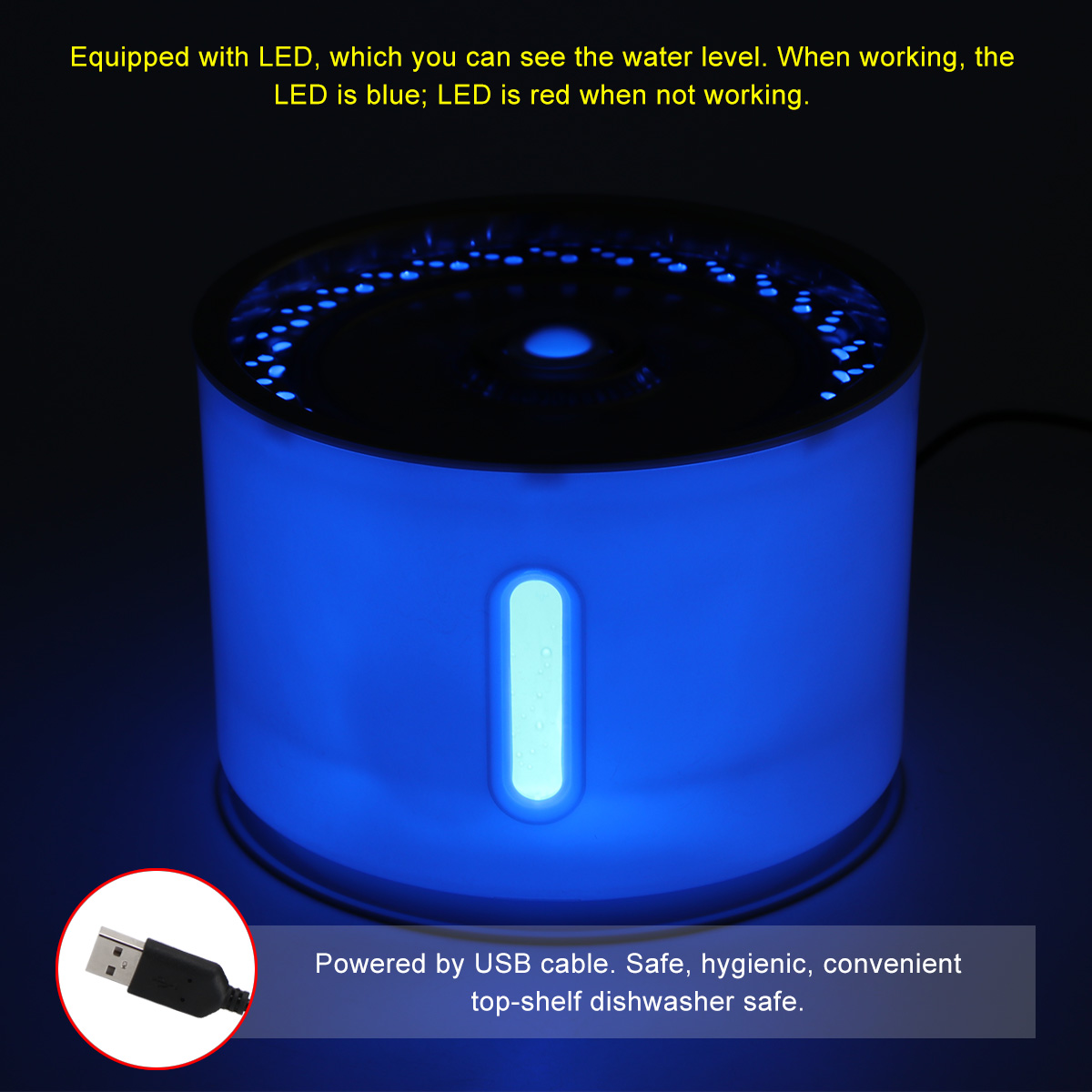 Fuente de agua automática para mascotas y gatos, bebedero con luz LED, 2,4 L, USB, dispensador de cuencos