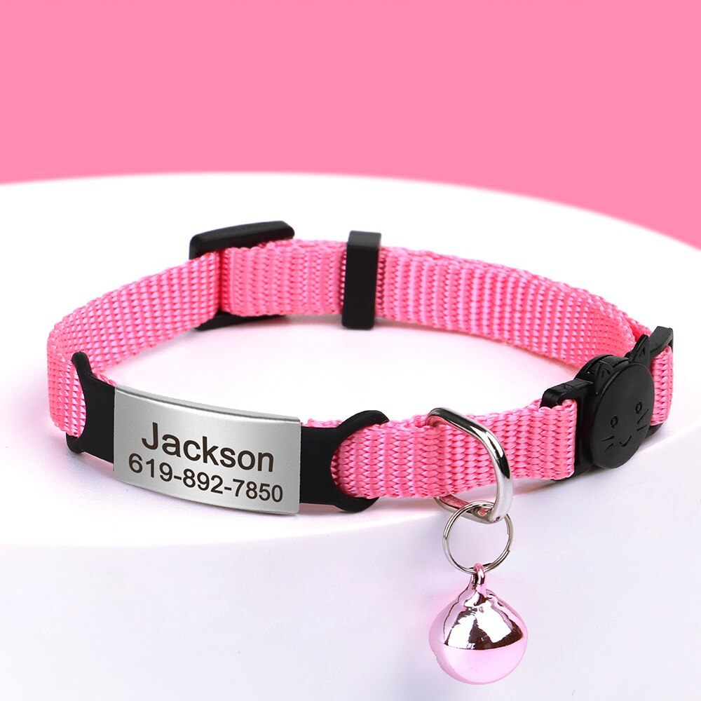 Collar personalizado para gato, Collar de nailon de liberación rápida con campana grabada, identificación de nombre, Collar rosa para mascotas, accesorios para gatos