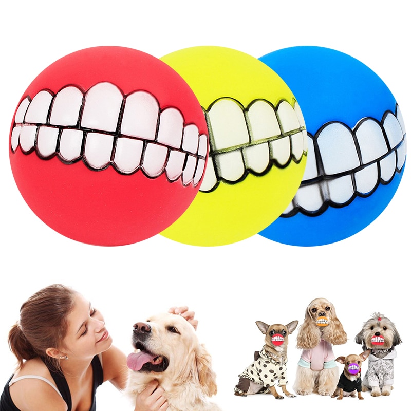 Pelota de silicona con dientes para perro, juguetes para masticar con sonido para cachorros, accesorios divertidos para perros grandes, novedad